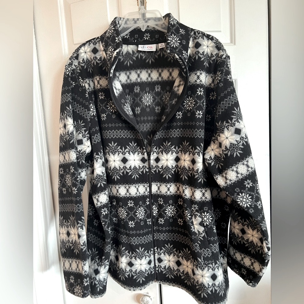 DENIM & Co. Black & White, Fleece Snowflake Jacket- Zip Front & Pockets
